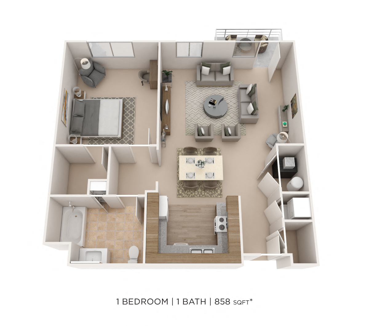 Floor plan for 1 bed, 1 bath, 858 sqft