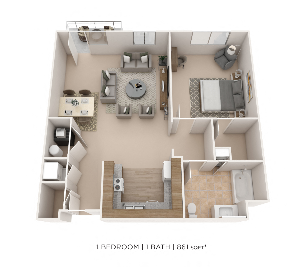 Floor plan for 1 bed, 1 bath, 861 sqft