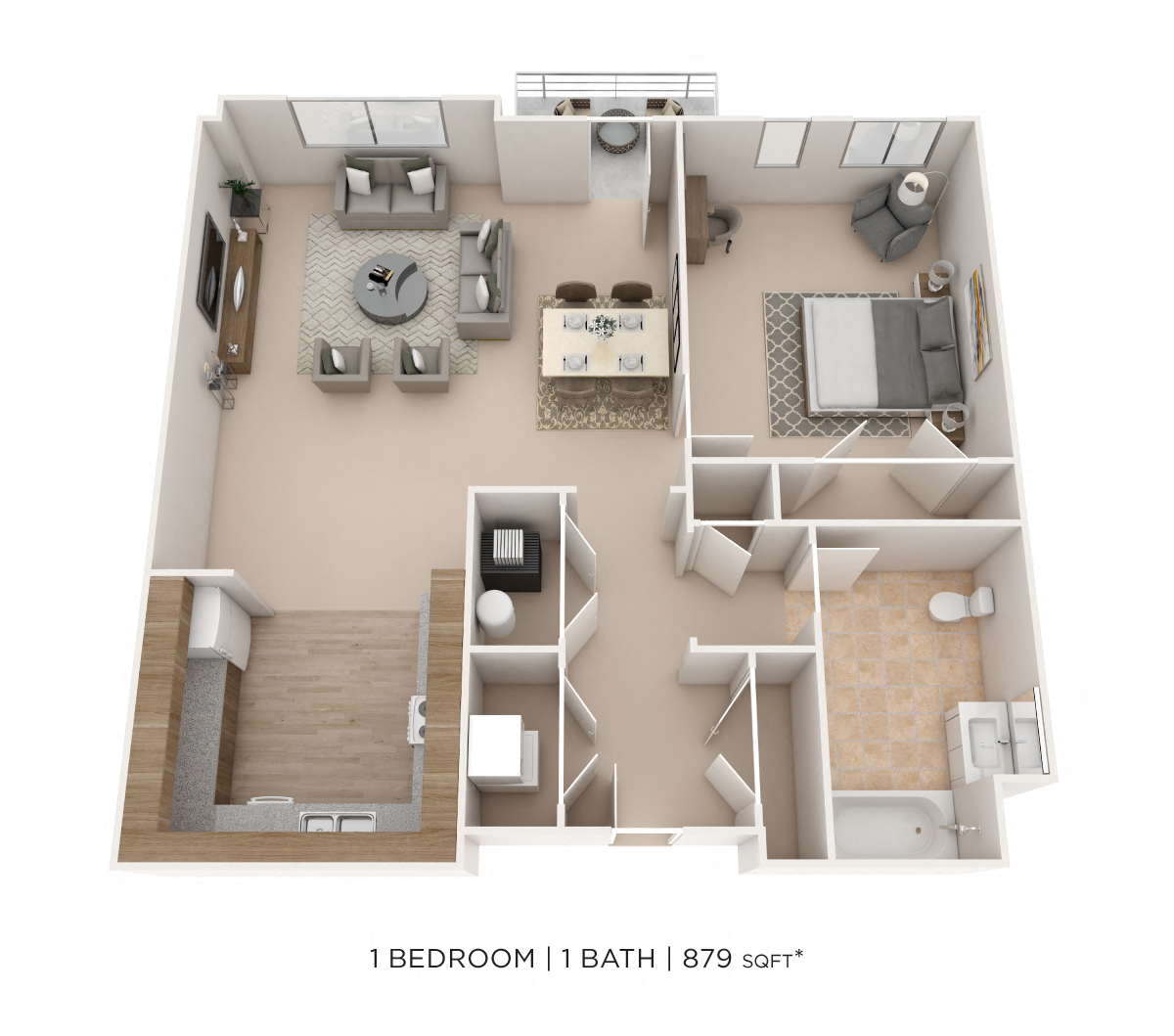 Floor plan for 1 bed, 1 bath, 879 sqft