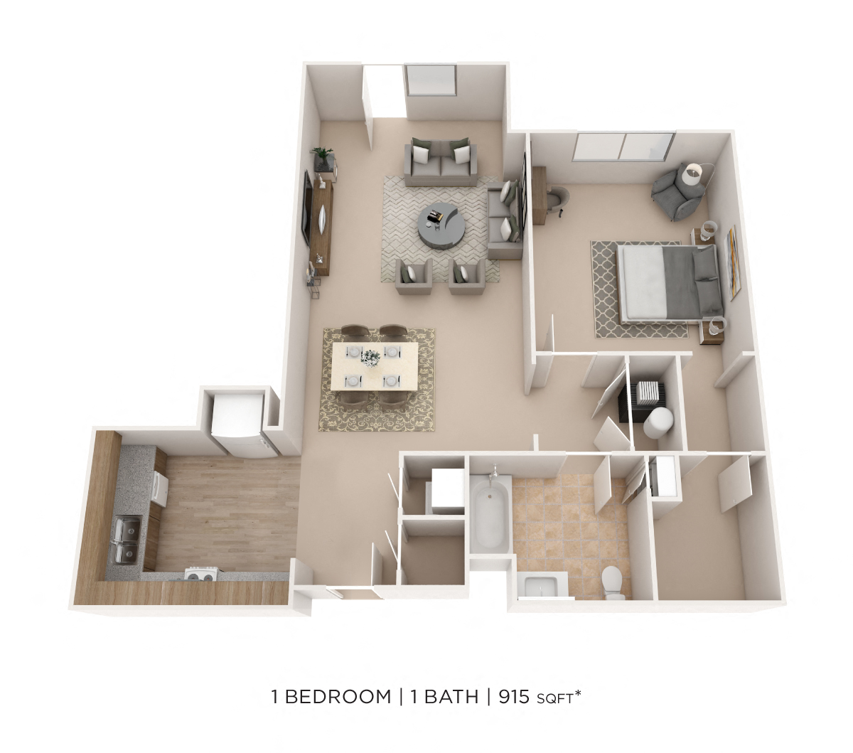 Floor plan for 1 bed, 1 bath, 915 sqft