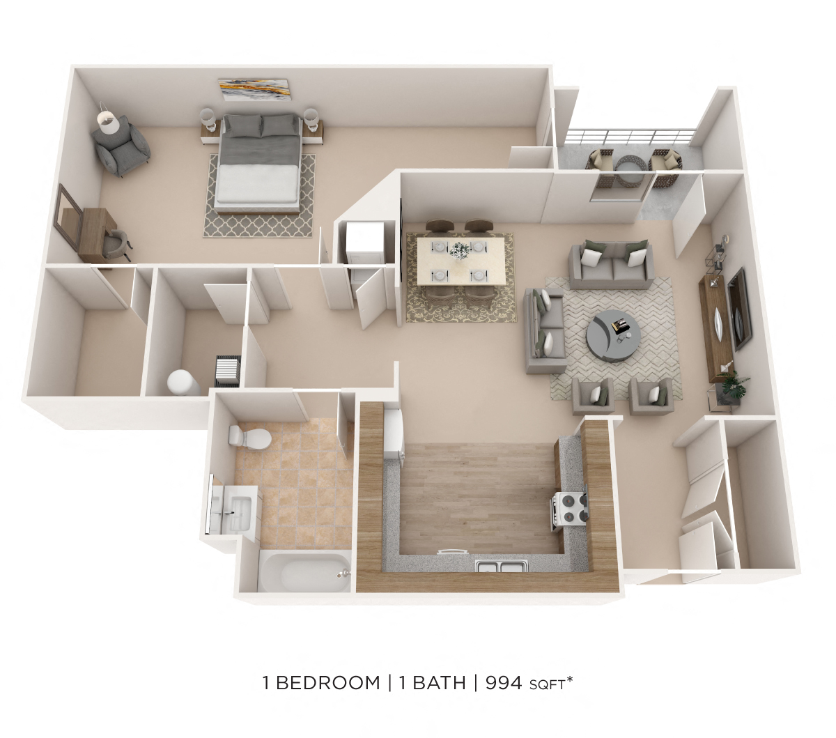 Floor plan for 1 bed, 1 bath, 994 sqft