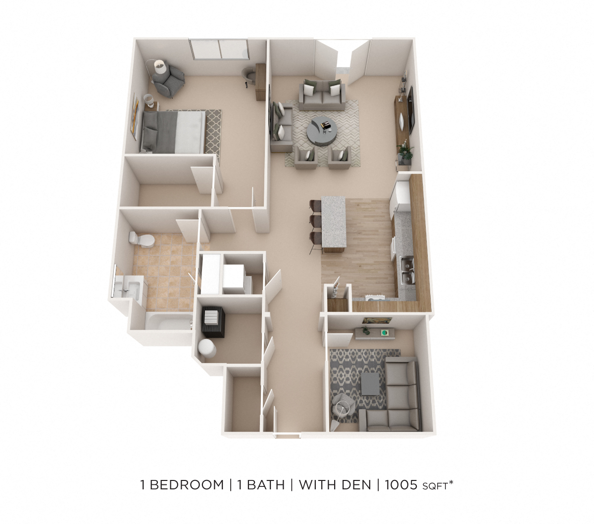 Floor plan for 1 bed, 1 bath, 1005 sqft