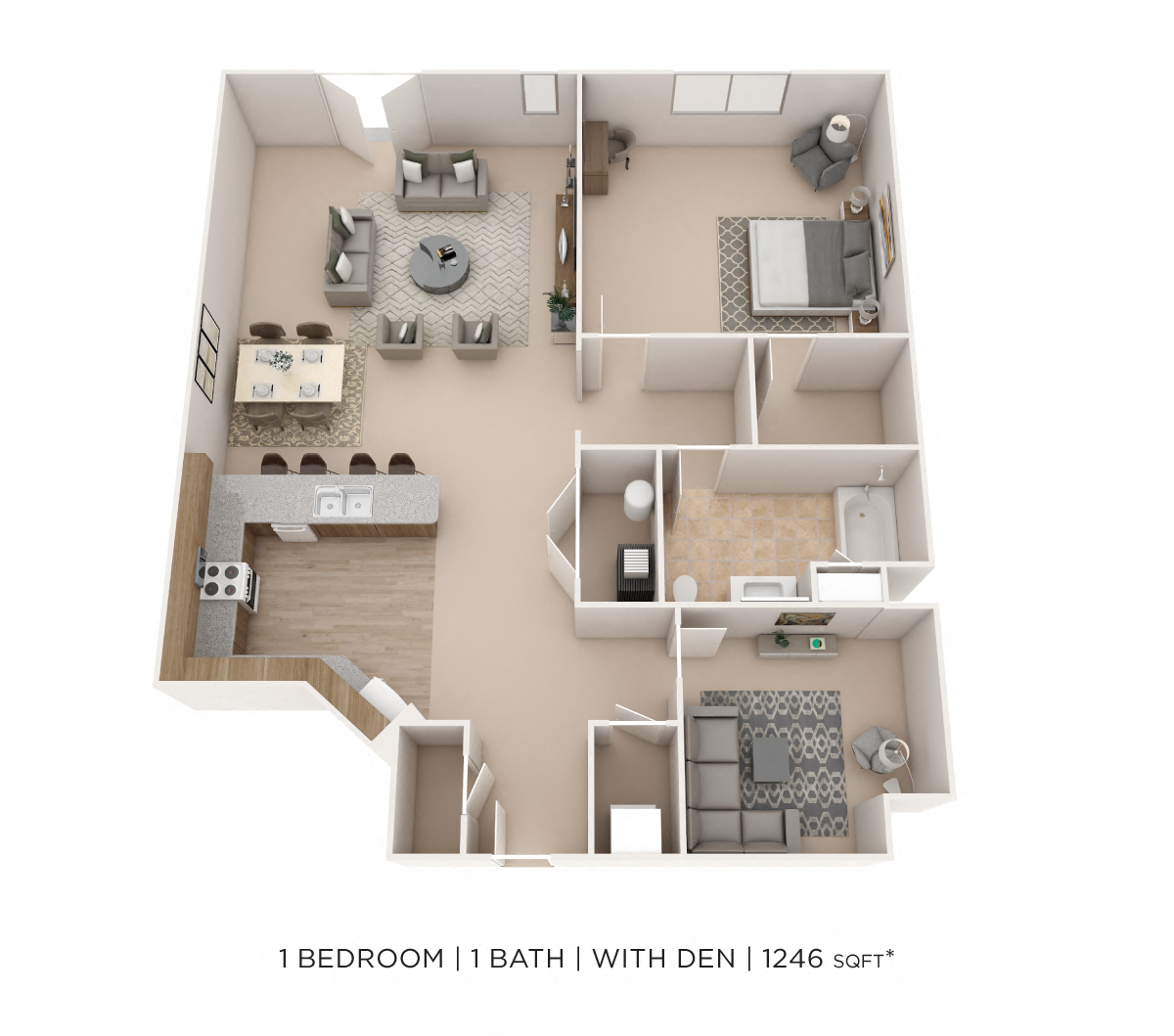 Floor plan for 1 bed, 1 bath, 1246 sqft