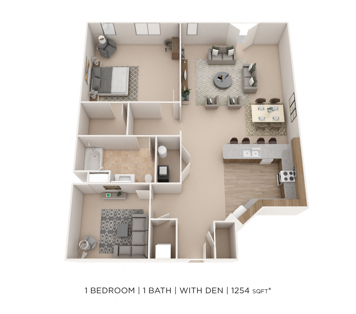 Floor plan for 1 bed, 1 bath, 1254 sqft