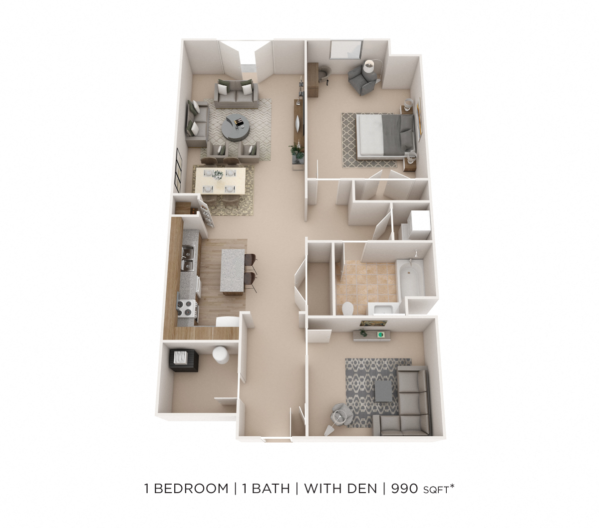 Floor plan for 1 bed, 1 bath, 990 sqft