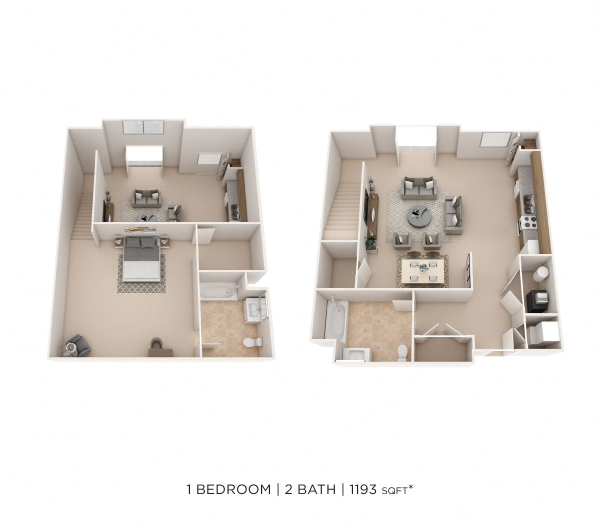Floor plan for 1 bed, 2 baths, 1193 sqft