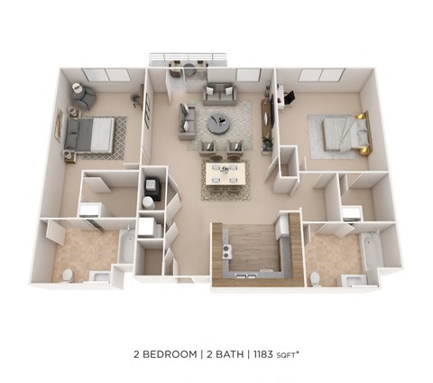 Floor plan for 2 beds, 2 baths, 1183 sqft