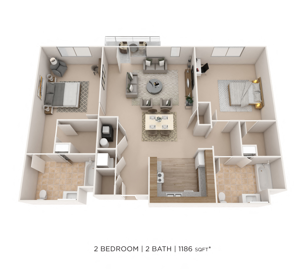 Floor plan for 2 beds, 2 baths, 1186 sqft