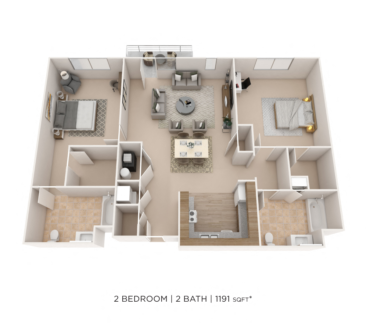 Floor plan for 2 beds, 2 baths, 1191 sqft