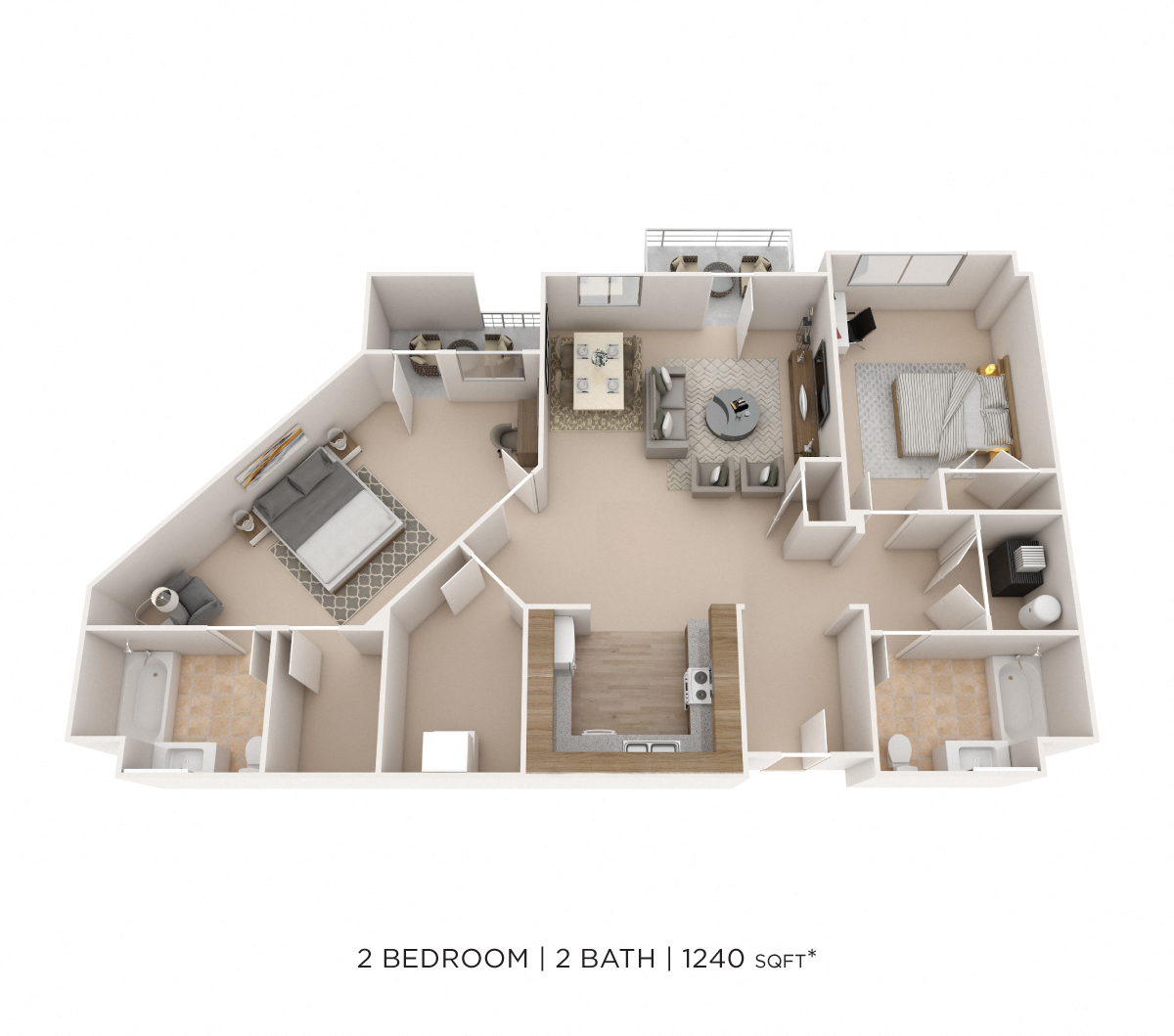 Floor plan for 2 beds, 2 baths, 1240 sqft