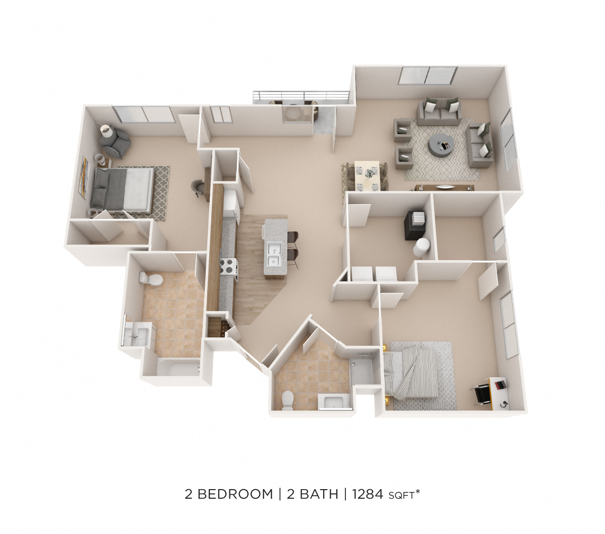 Floor plan for 2 beds, 2 baths, 1284 sqft