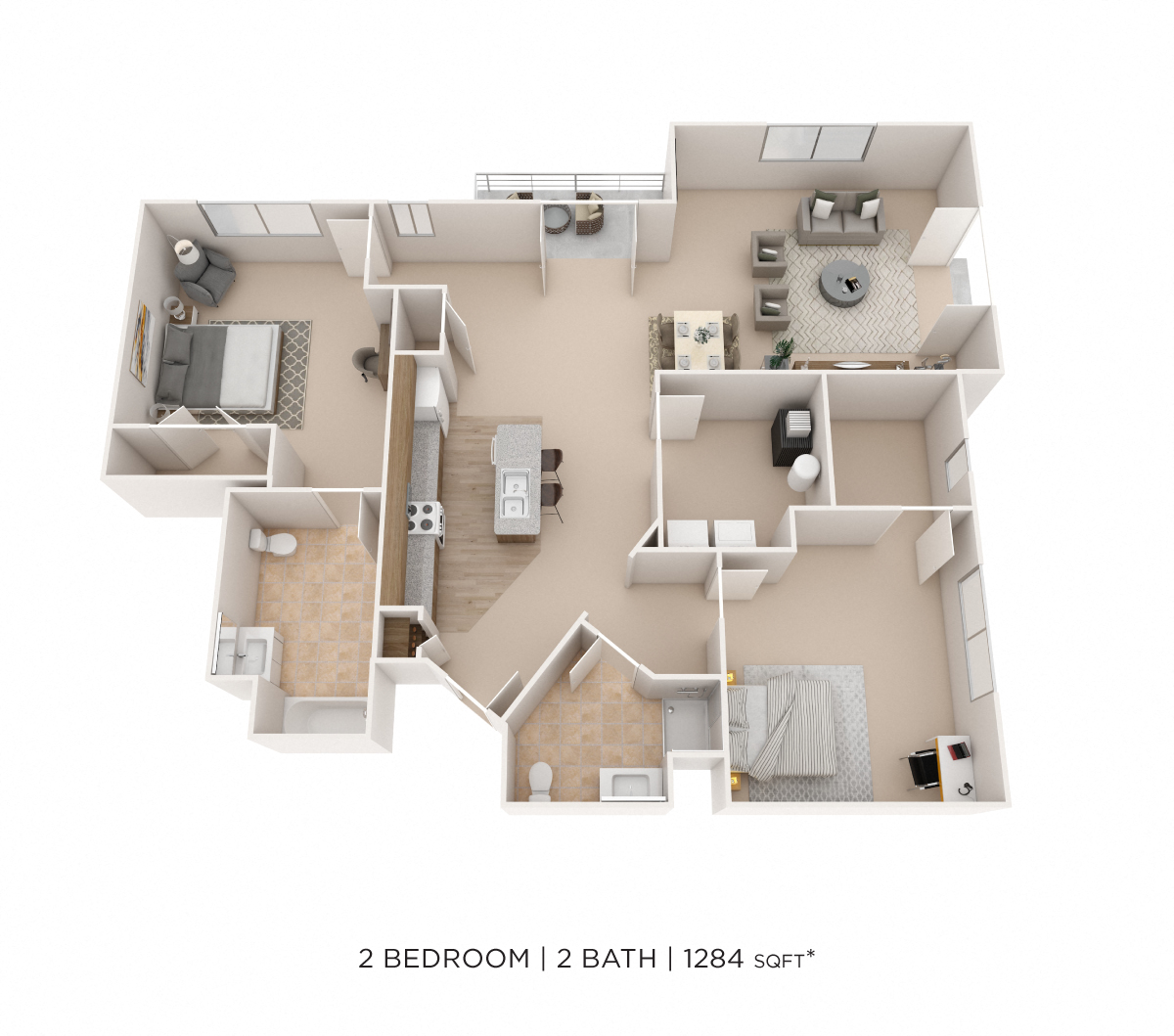 Floor plan for 2 beds, 2 baths, 1284 sqft