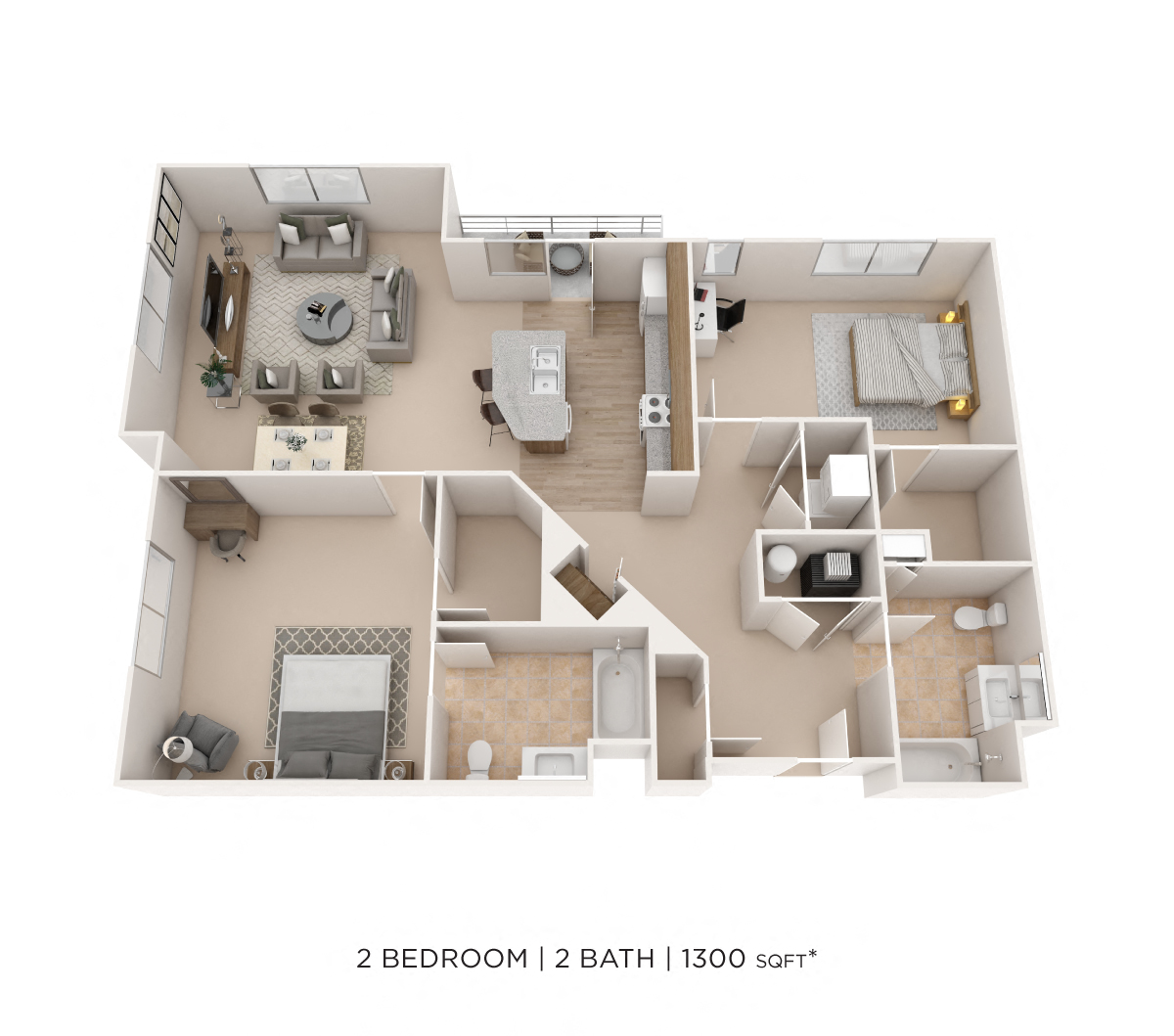 Floor plan for 2 beds, 2 baths, 1300 sqft