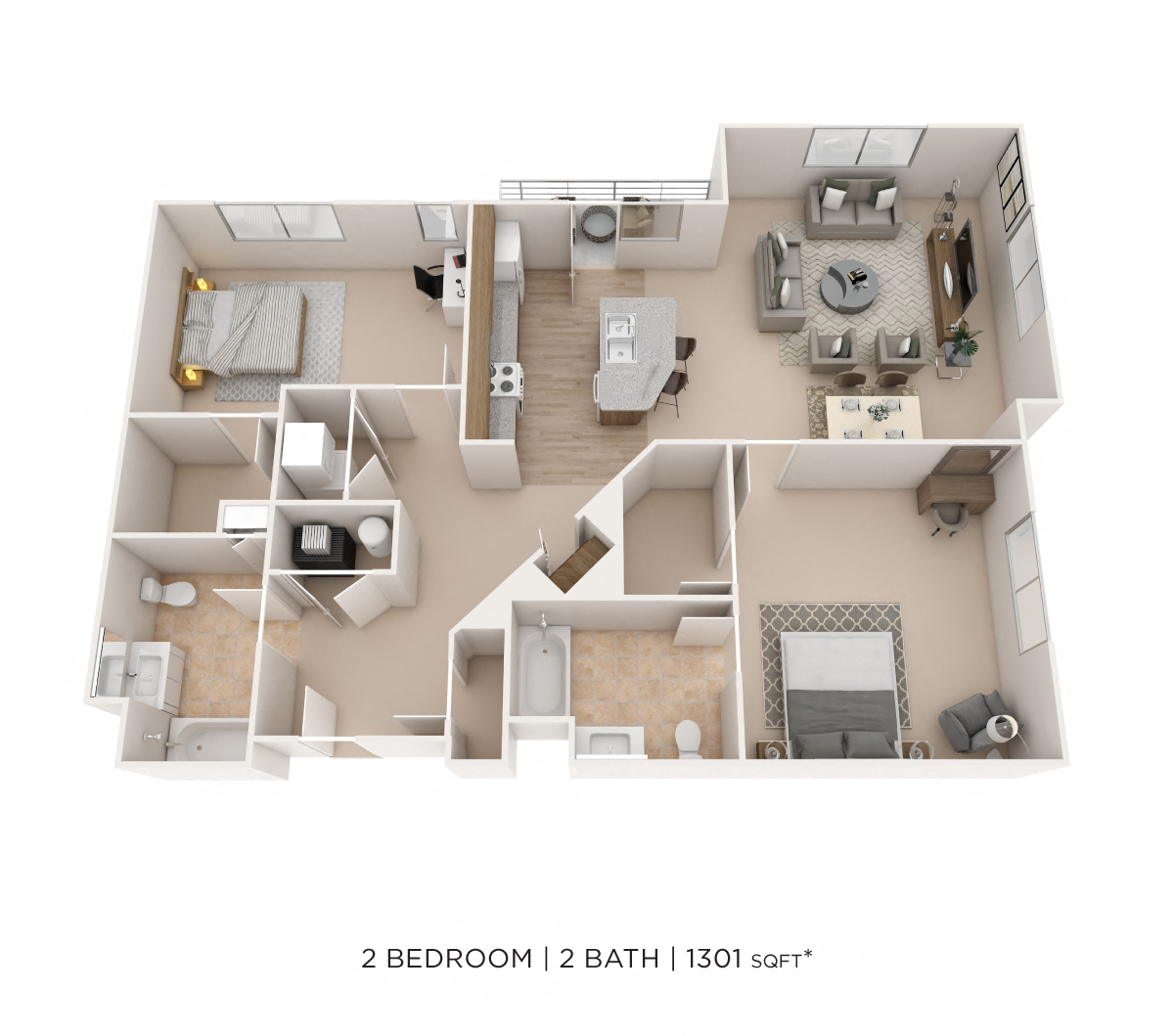 Floor plan for 2 beds, 2 baths, 1301 sqft