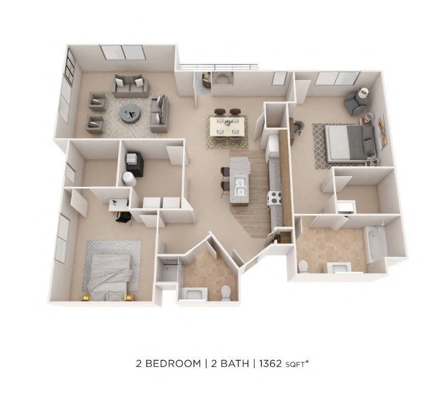 Floor plan for 2 beds, 2 baths, 1362 sqft