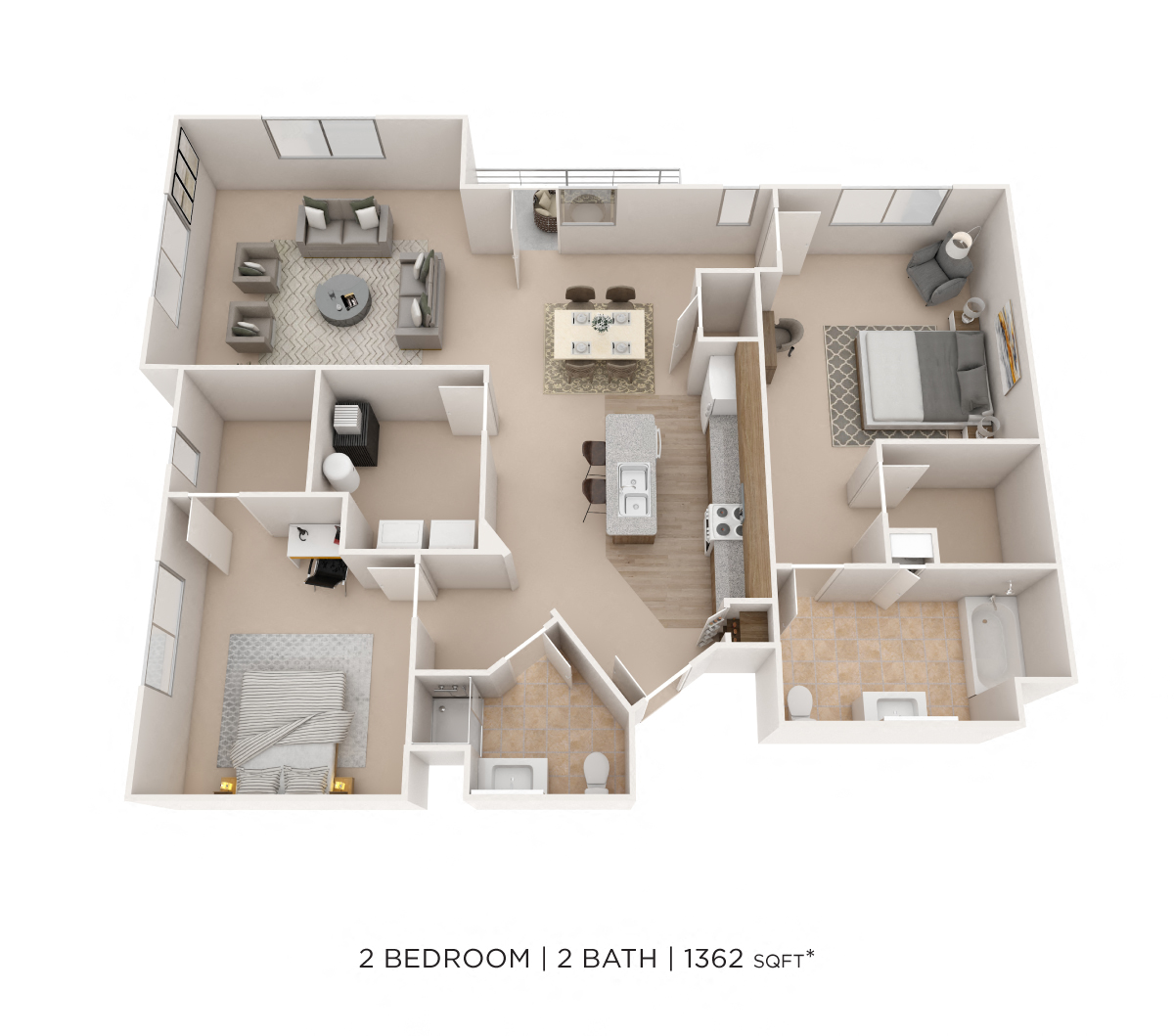 Floor plan for 2 beds, 2 baths, 1362 sqft