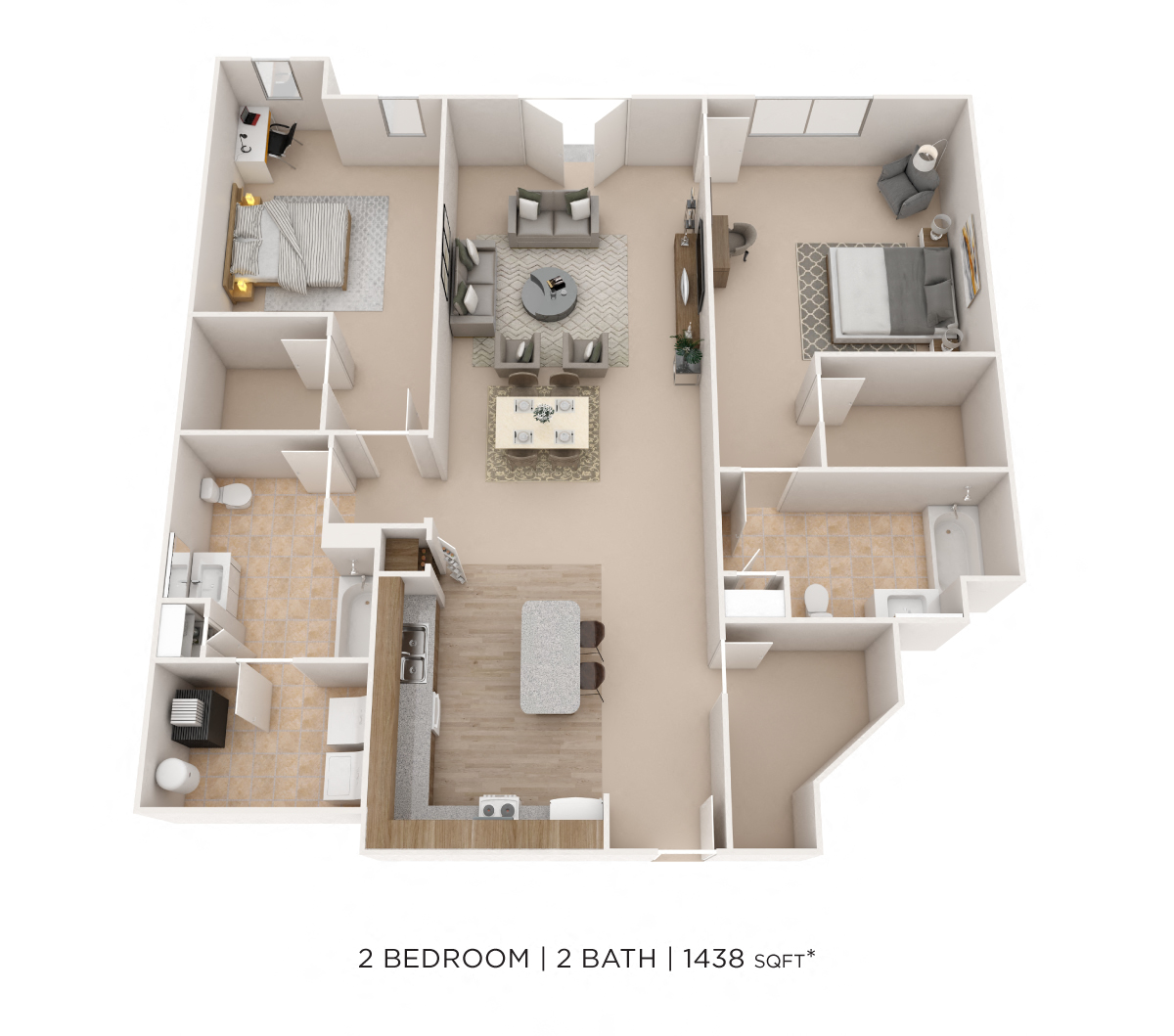 Floor plan for 2 beds, 2 baths, 1438 sqft