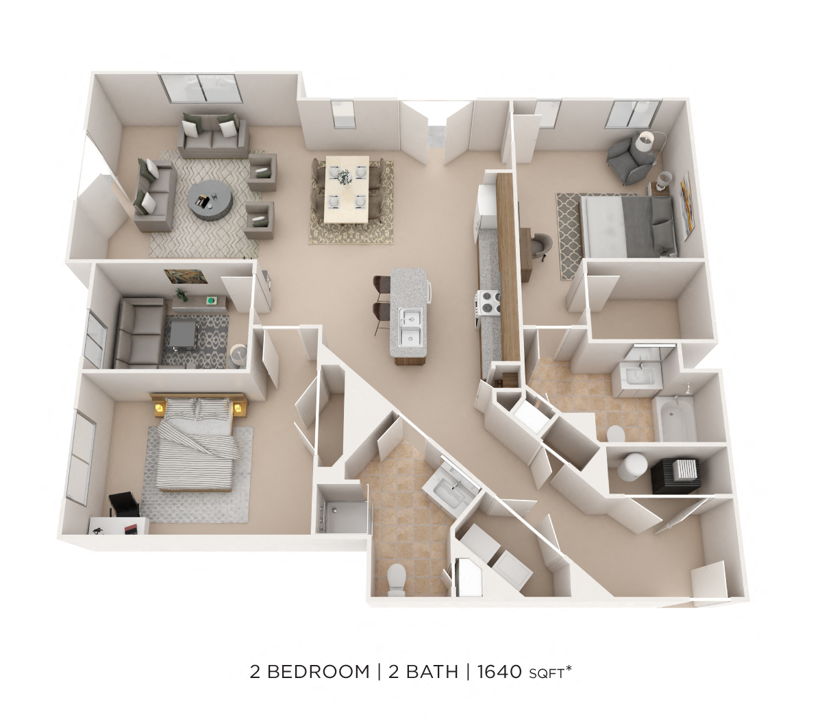 Floor plan for 2 beds, 2 baths, 1640 sqft