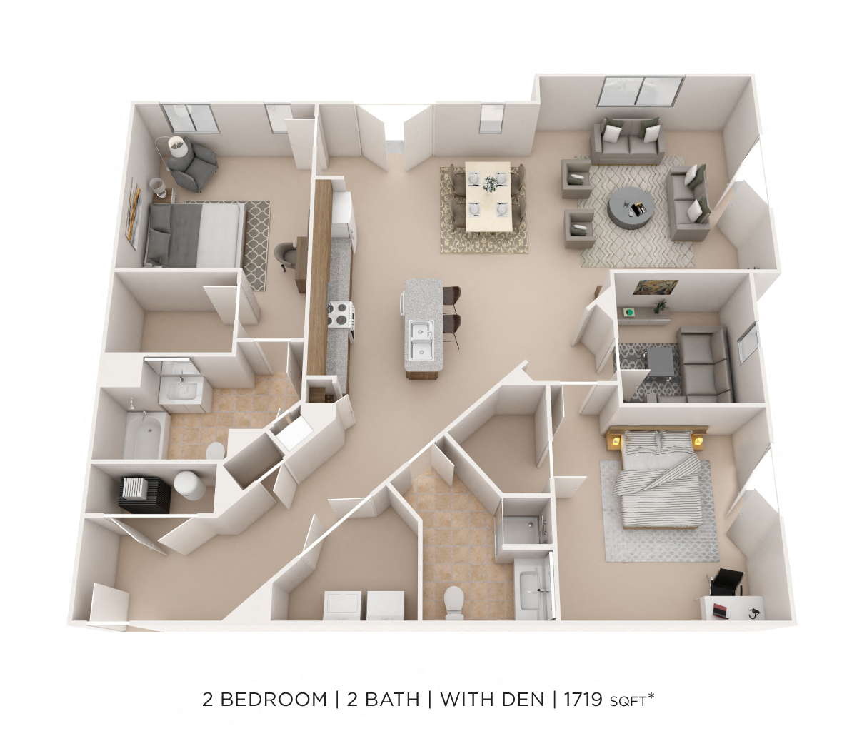 Floor plan for 2 beds, 2 baths, 1719 sqft