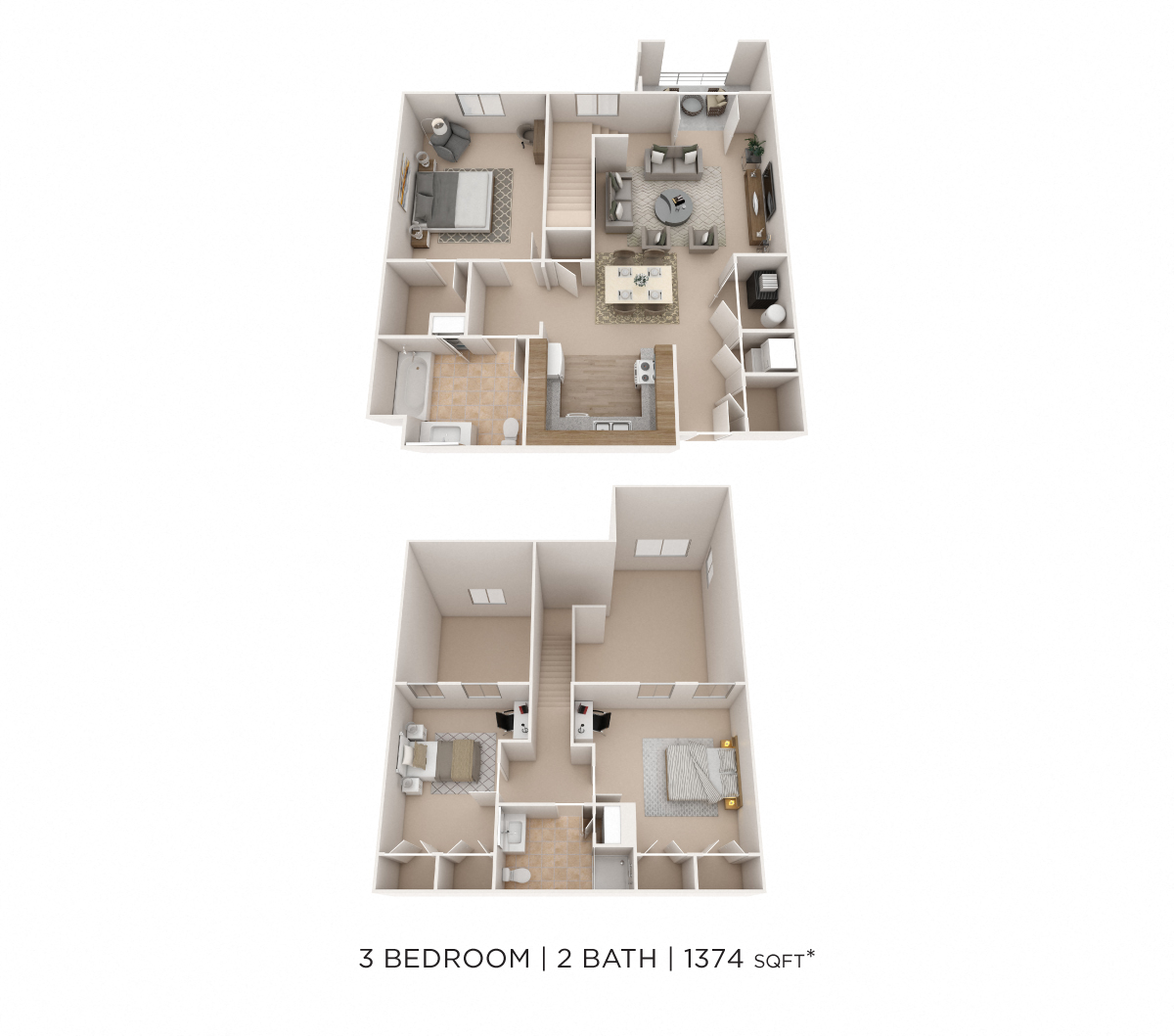 Floor plan for 3 beds, 2 baths, 1374 sqft