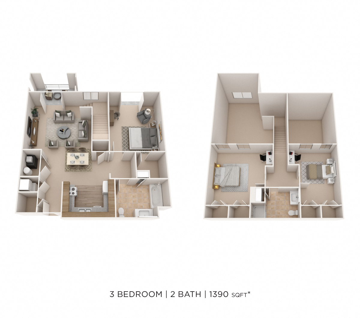 Floor plan for 3 beds, 2 baths, 1390 sqft