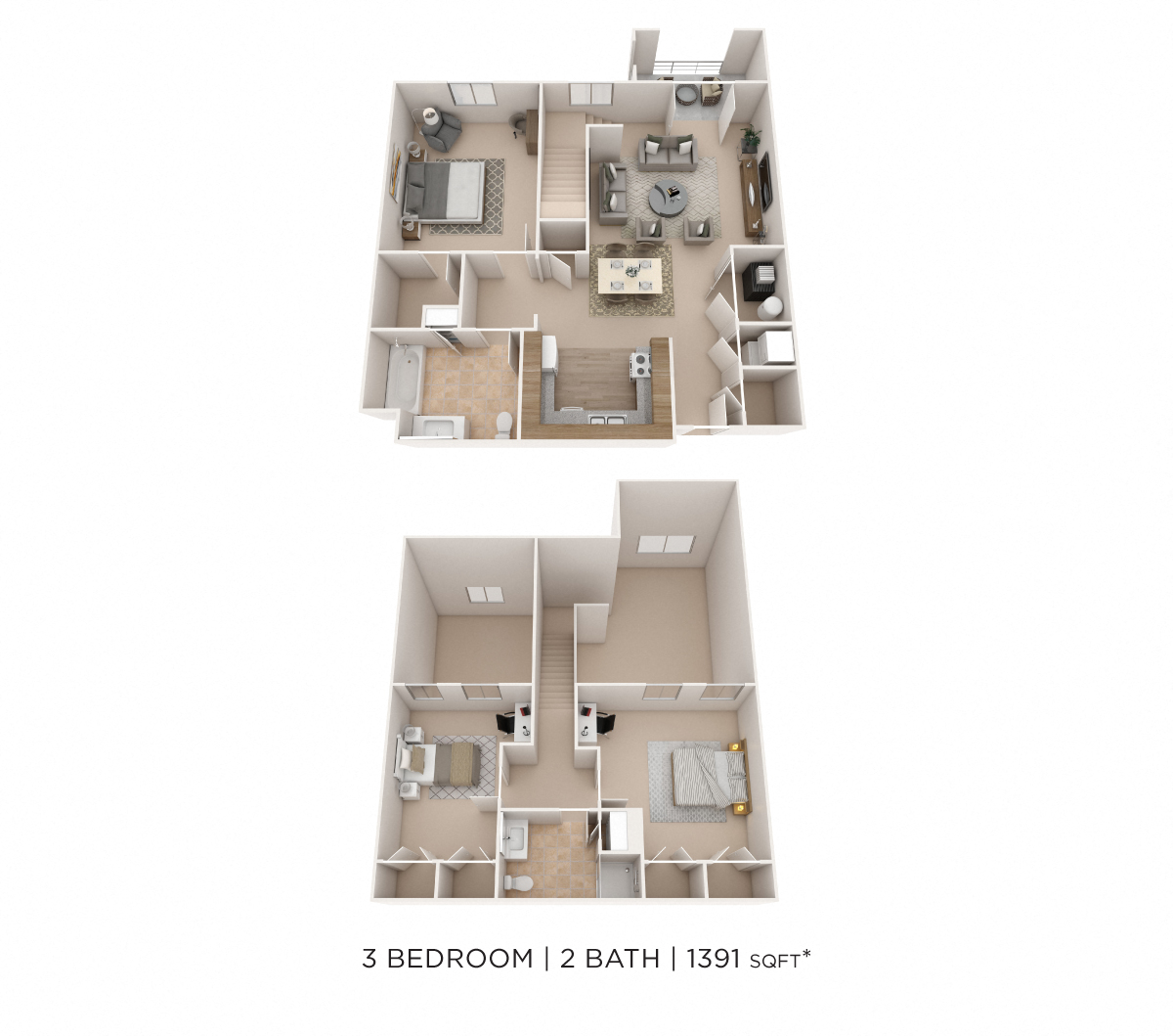 Floor plan for 3 beds, 2 baths, 1391 sqft