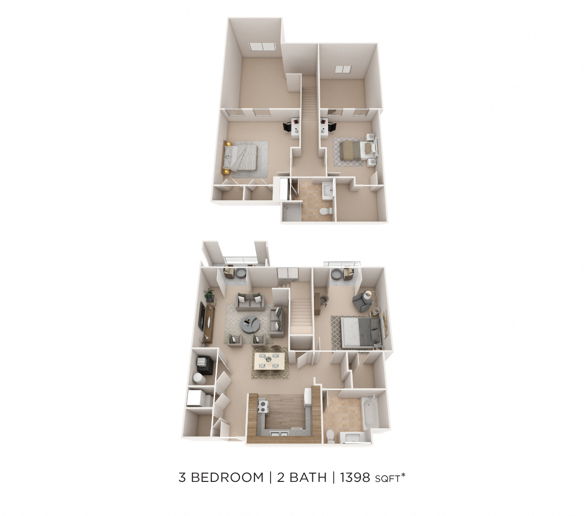 Floor plan for 3 beds, 2 baths, 1398 sqft