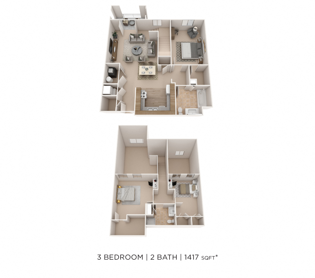 Floor plan for 3 beds, 2 baths, 1417 sqft