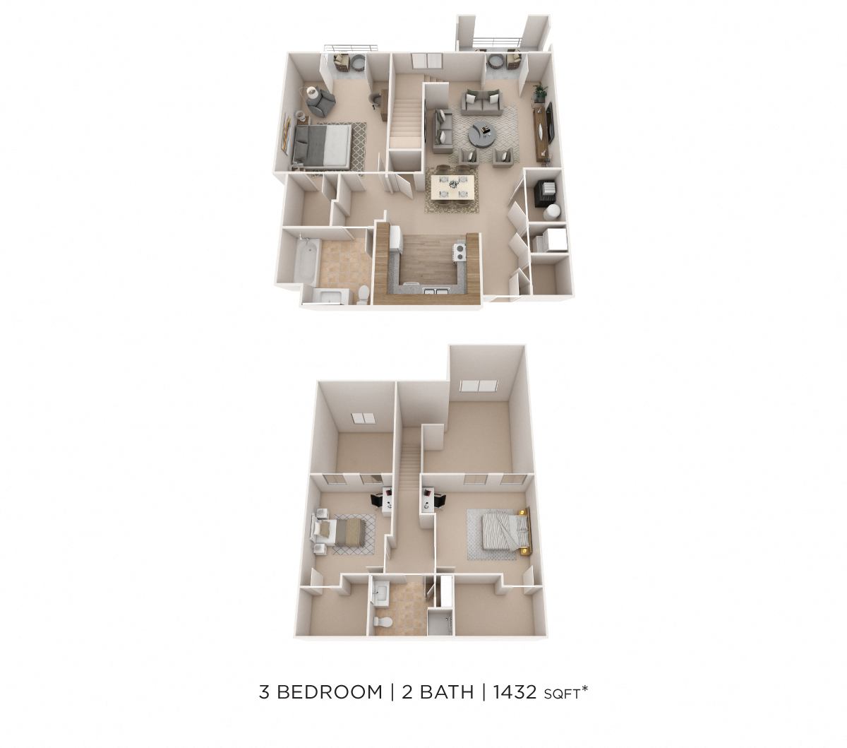 Floor plan for 3 beds, 2 baths, 1432 sqft