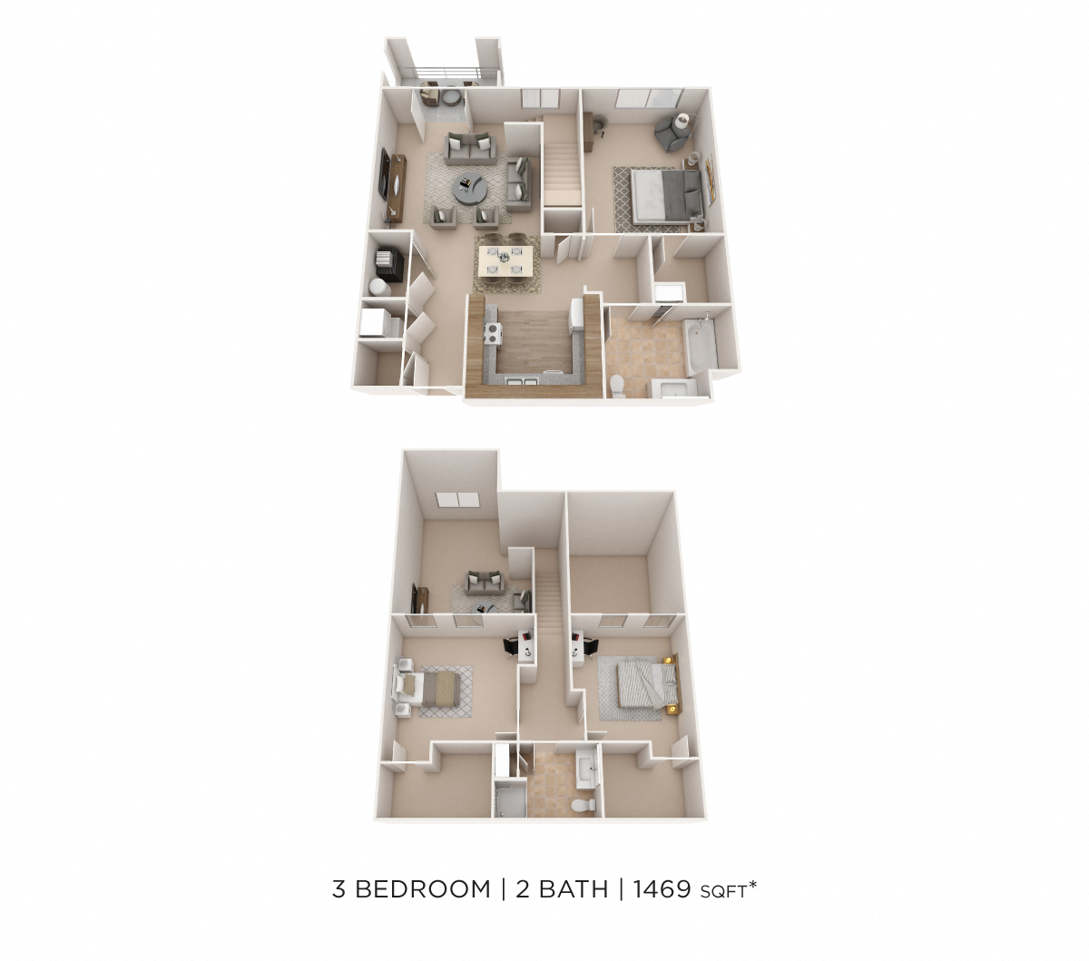Floor plan for 3 beds, 2 baths, 1469 sqft