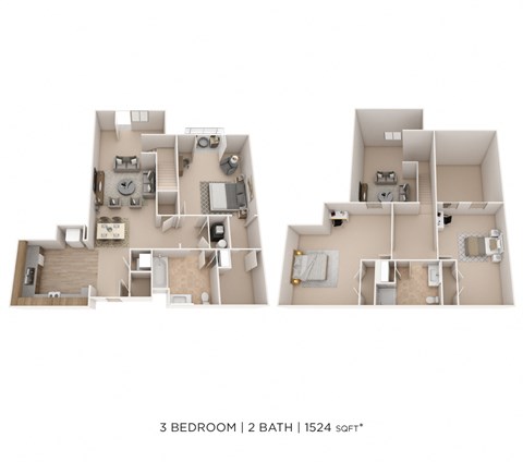 Floor plan for 3 beds, 2 baths, 1524 sqft