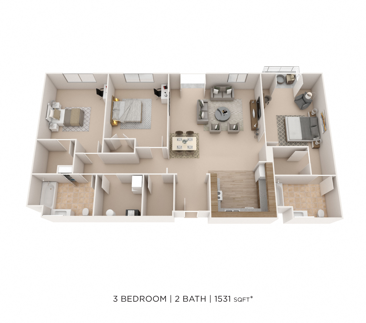 Floor plan for 3 beds, 2 baths, 1531 sqft