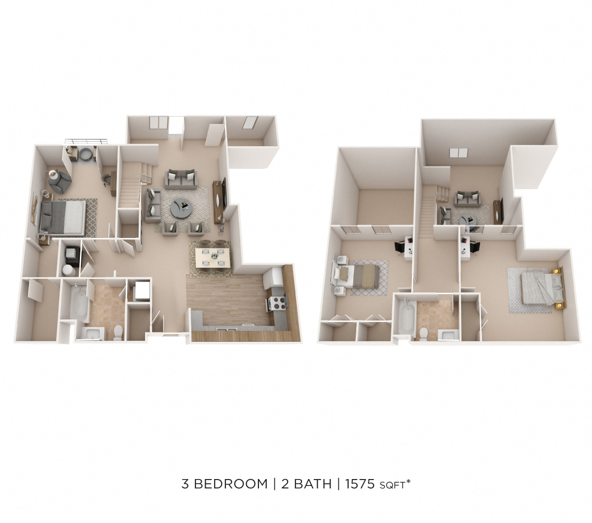Floor plan for 3 beds, 2 baths, 1575 sqft