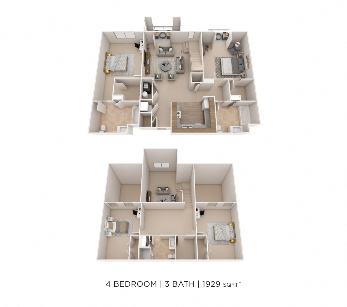 Floor plan for 4 beds, 3 baths, 1929 sqft