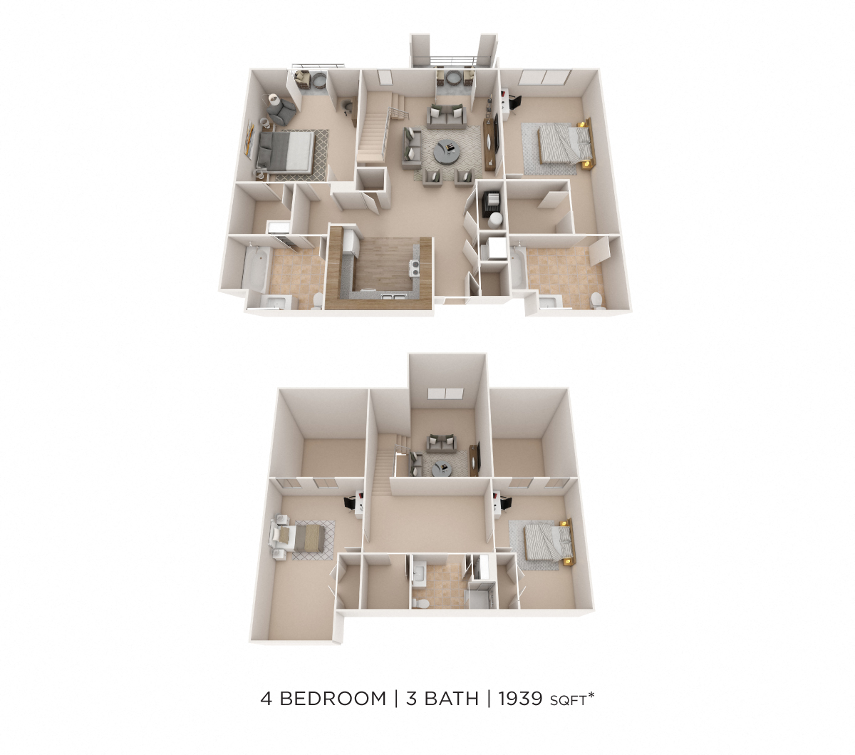 Floor plan for 4 beds, 3 baths, 1939 sqft