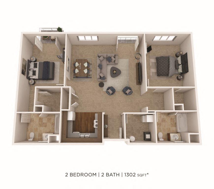 Floor plan for 2 beds, 2 baths, 1302 sqft