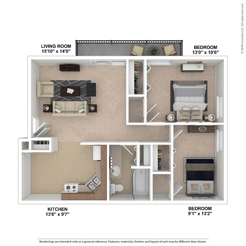 Floor plan for 2 beds, 1 bath, 830 sqft