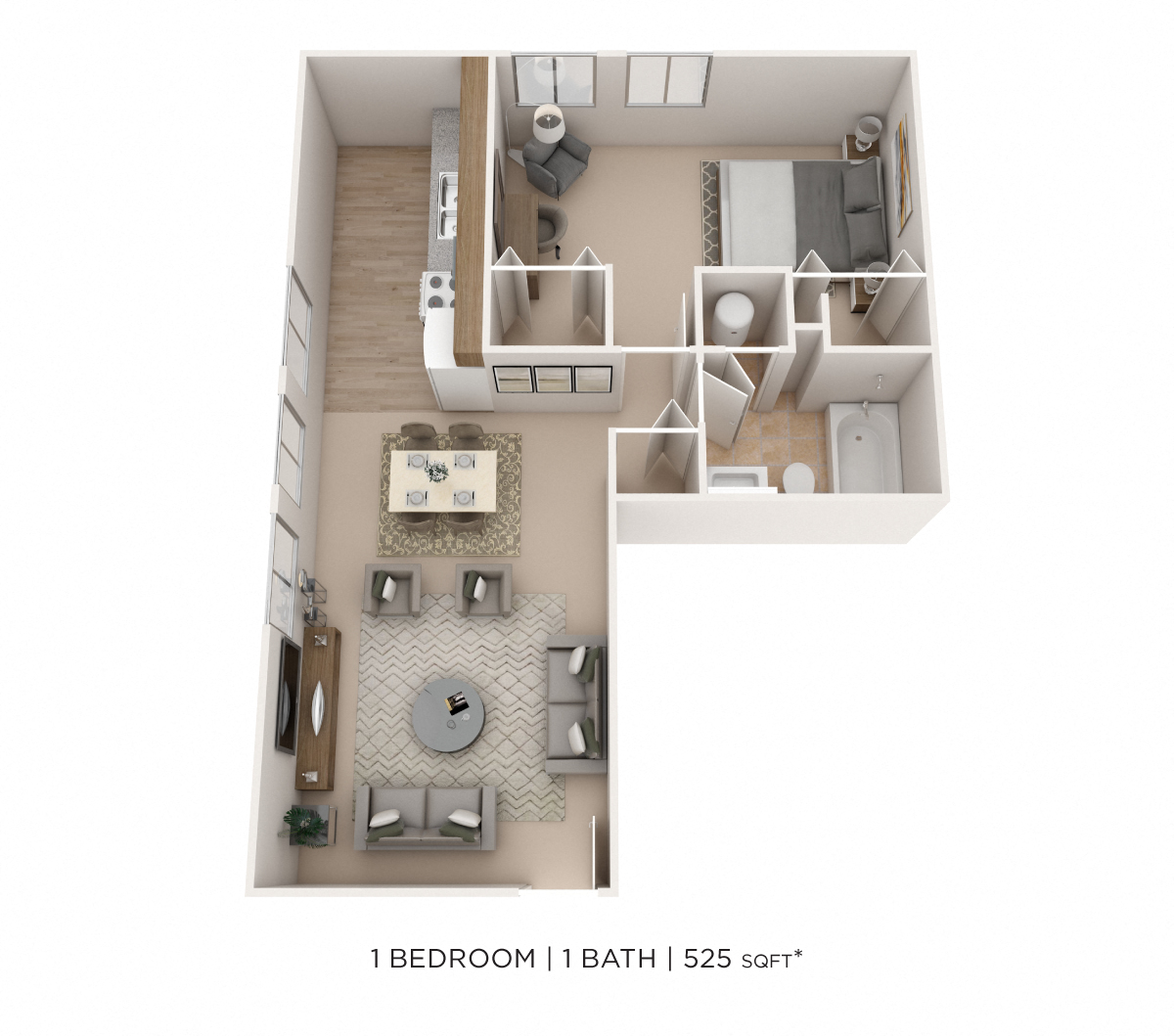 Floor plan for 1 bed, 1 bath, 525 sqft