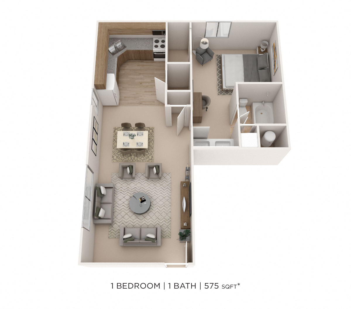 Floor plan for 1 bed, 1 bath, 575 sqft