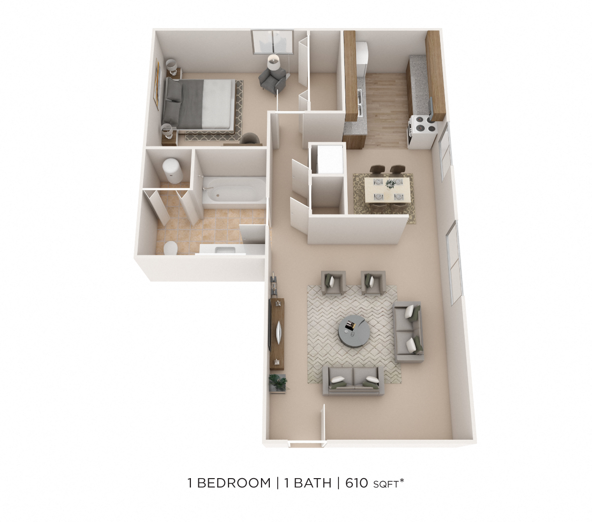 Floor plan for 1 bed, 1 bath, 610 sqft