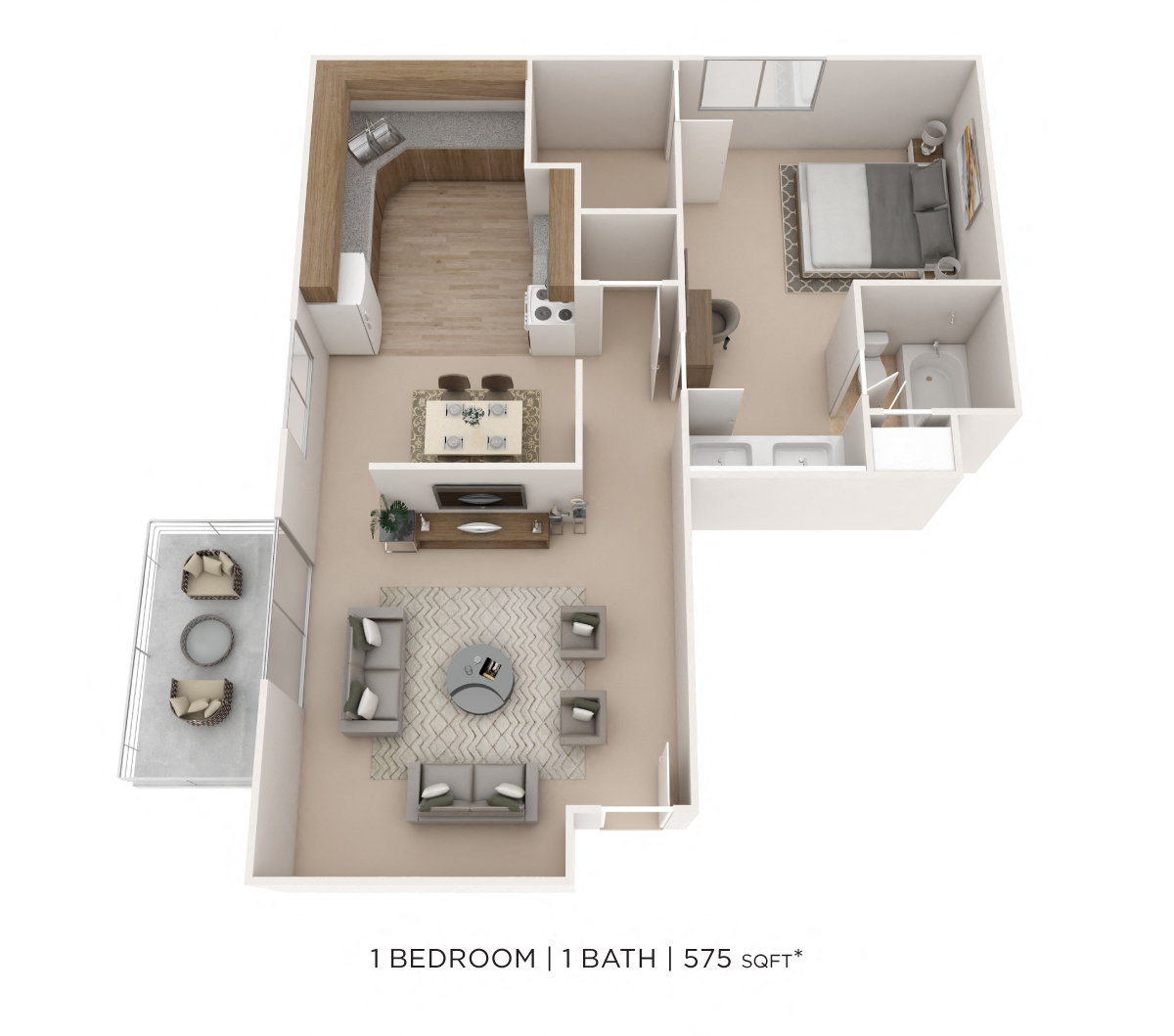 Floor plan for 1 bed, 1 bath, 575 sqft