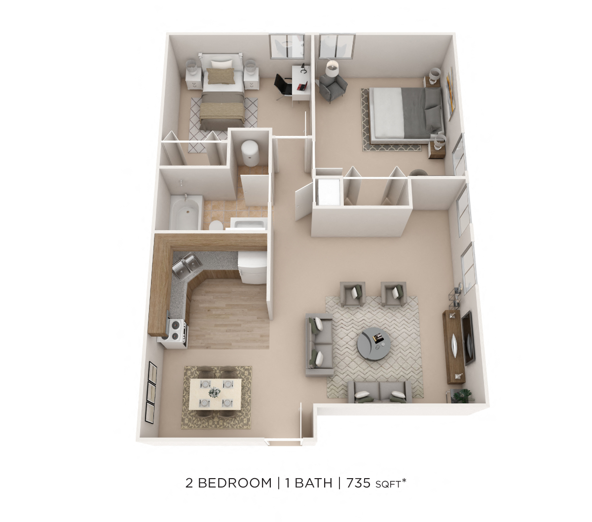 Floor plan for 2 beds, 1 bath, 735 sqft