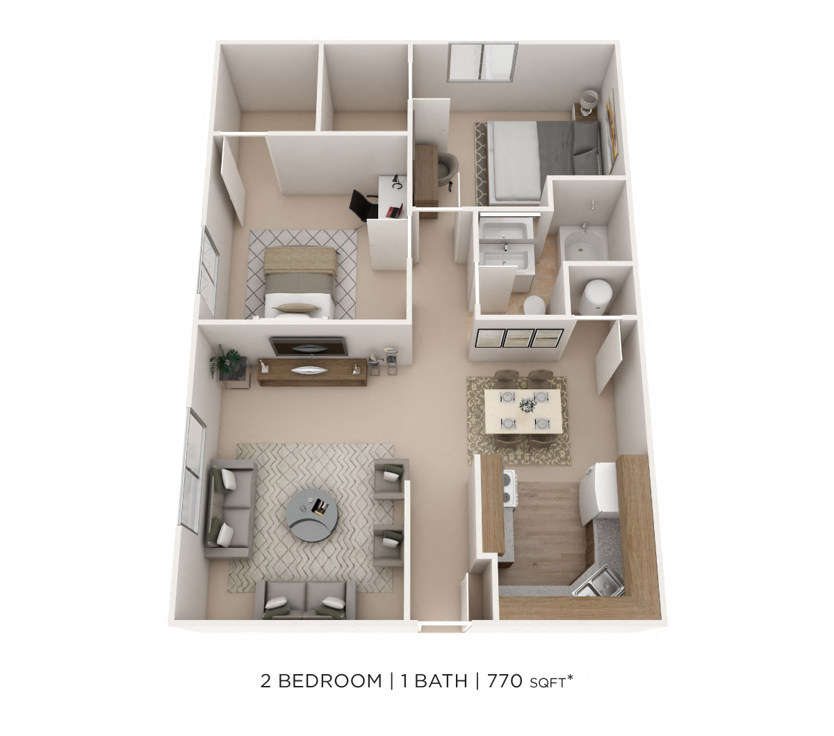 Floor plan for 2 beds, 1 bath, 770 sqft