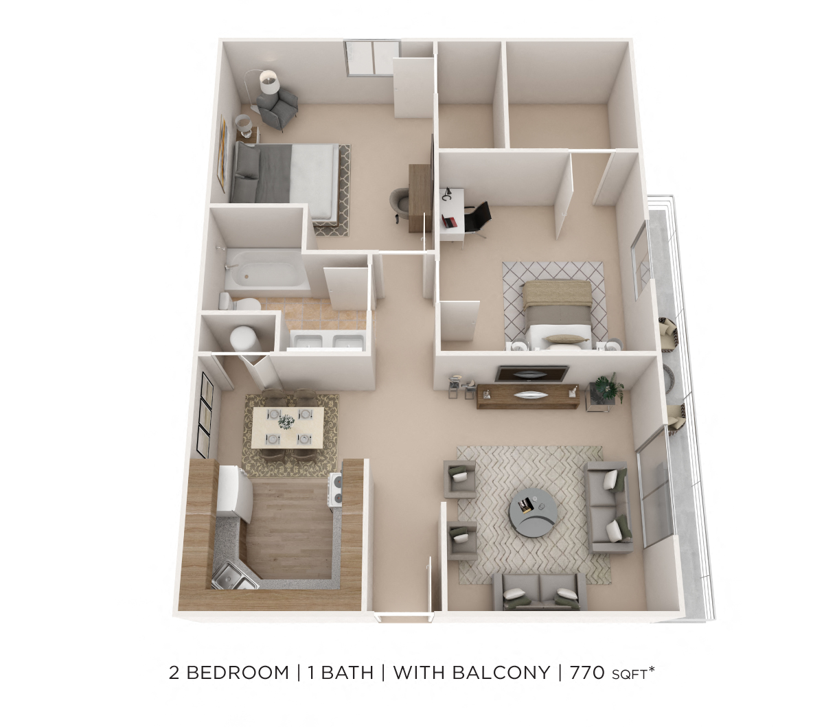 Floor plan for 2 beds, 1 bath, 770 sqft