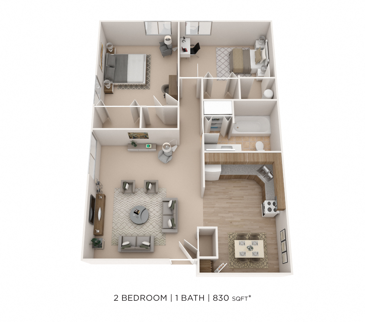 Floor plan for 2 beds, 1 bath, 830 sqft