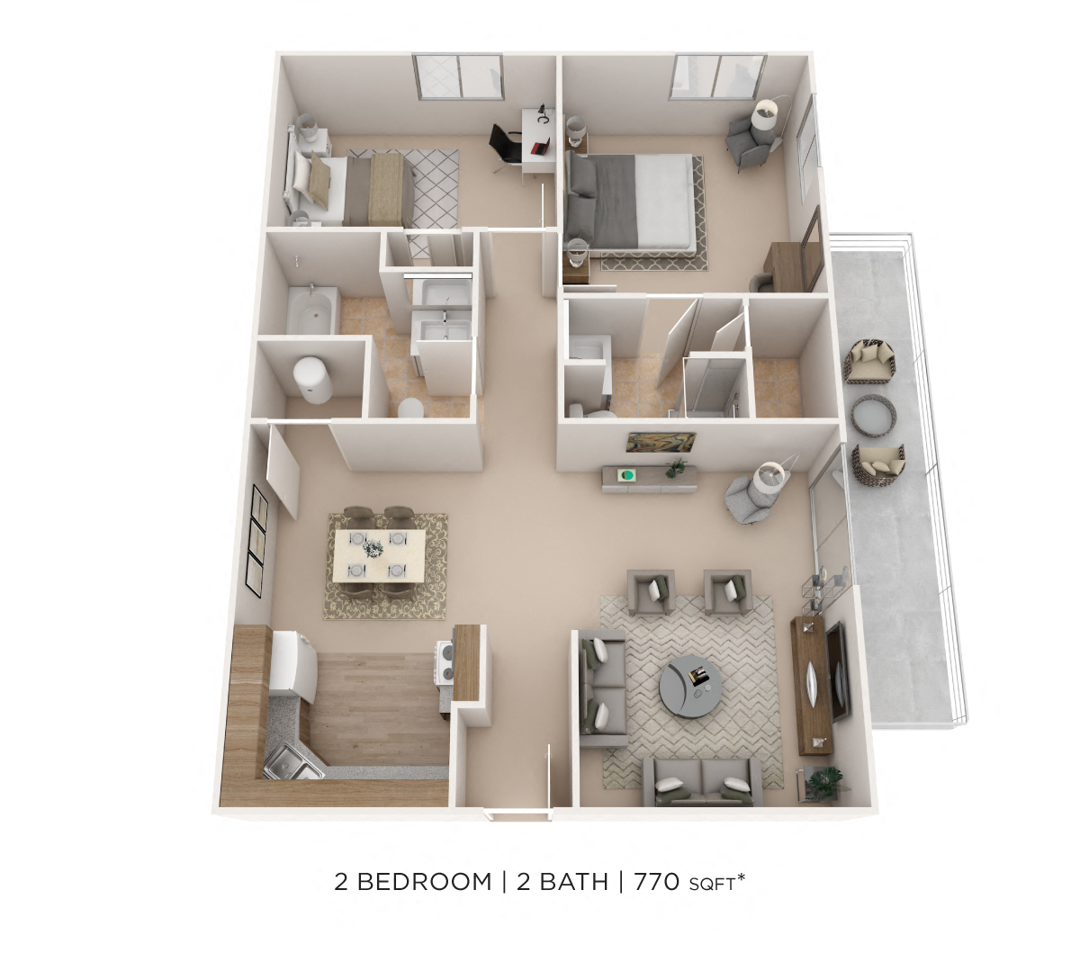 Floor plan for 2 beds, 2 baths, 770 sqft