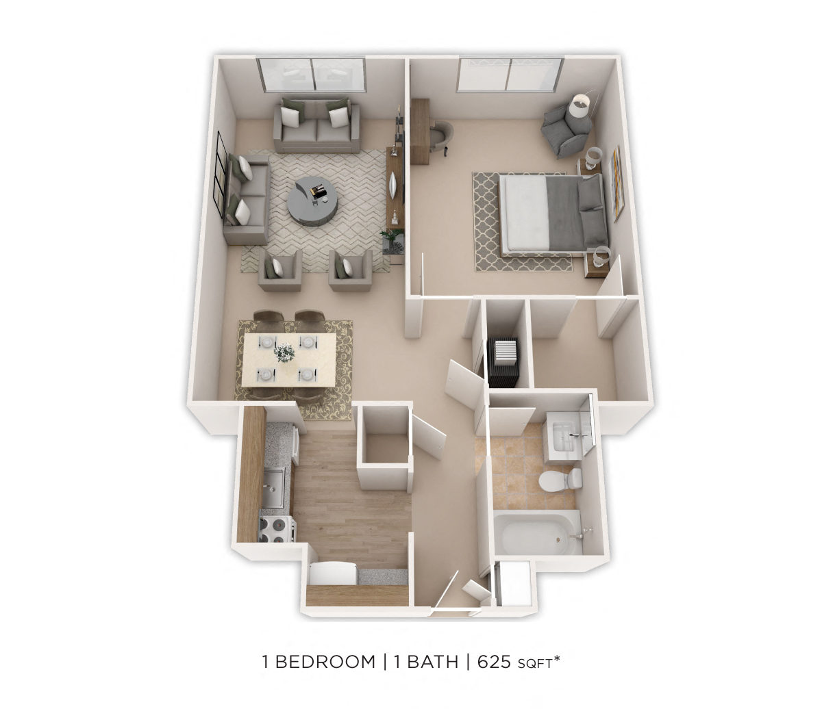 Floor plan for 1 bed, 1 bath, 625 sqft