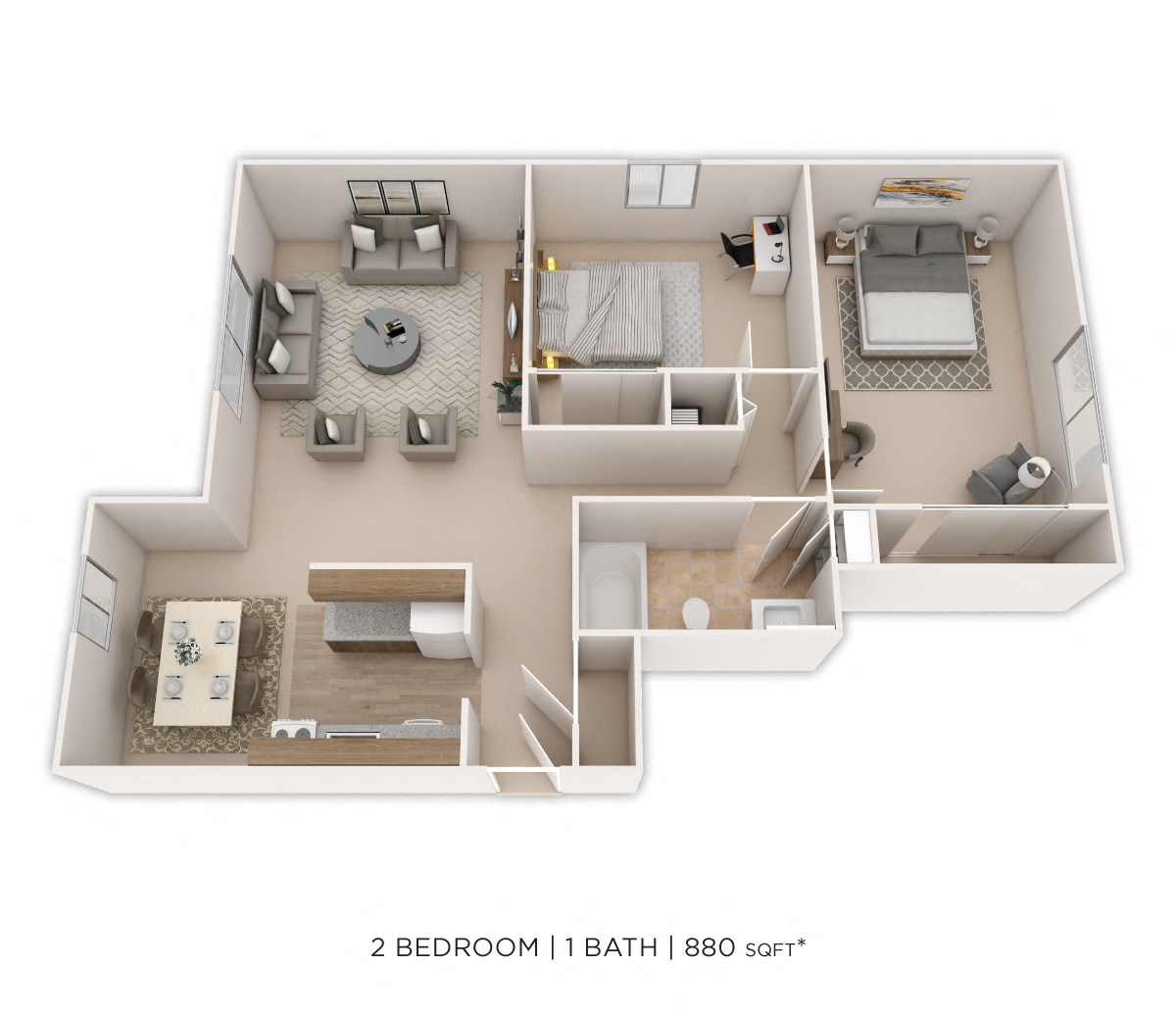 Floor plan for 2 beds, 1 bath, 880 sqft