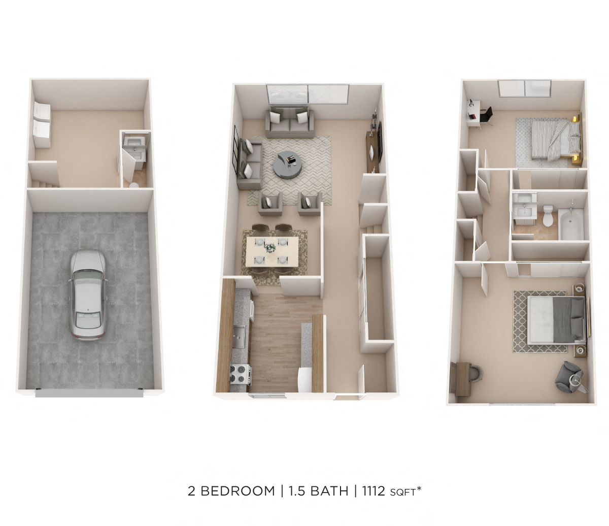 Floor plan for 2 beds, 1.5 baths, 1112 sqft