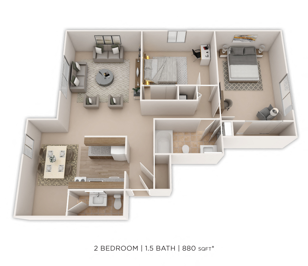 Floor plan for 2 beds, 1.5 baths, 890 sqft